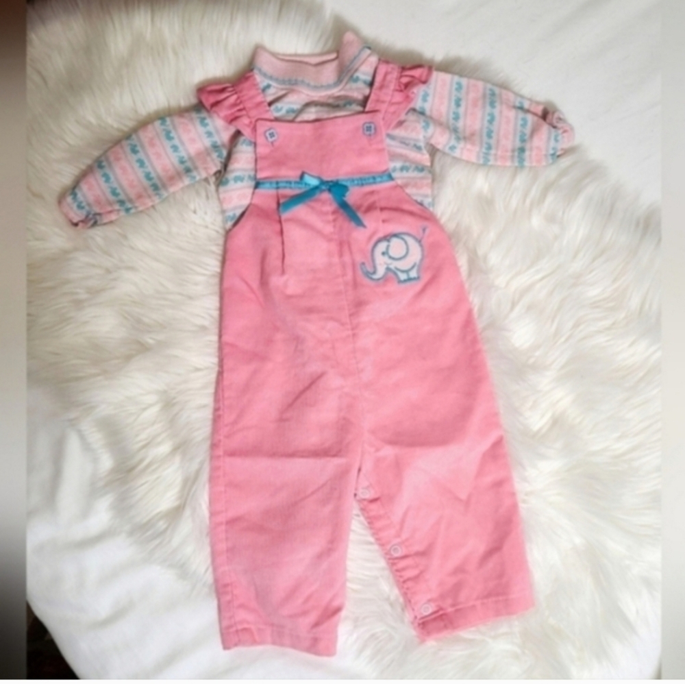 Vintage 80s 90s Healthtex Corduroy Pink & Blue Elephant Jumper Set 12 Months